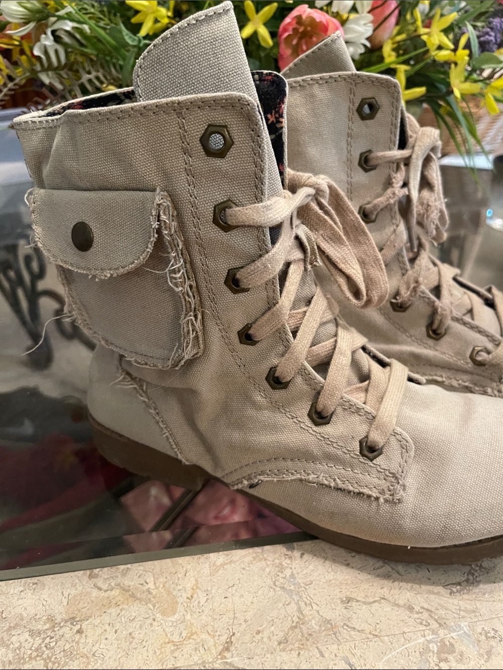 American Eagle Outfitters Beige Canvas Lace-Up Ankle Boots with Utility Pocket